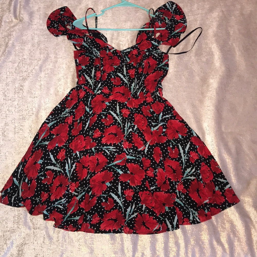 Red and black floral dress
